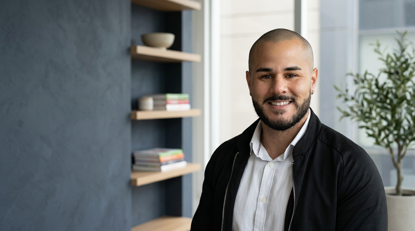 Marcelo Lopes — retrato tratado a partir da foto enviada, com cenário gerado digitalmente